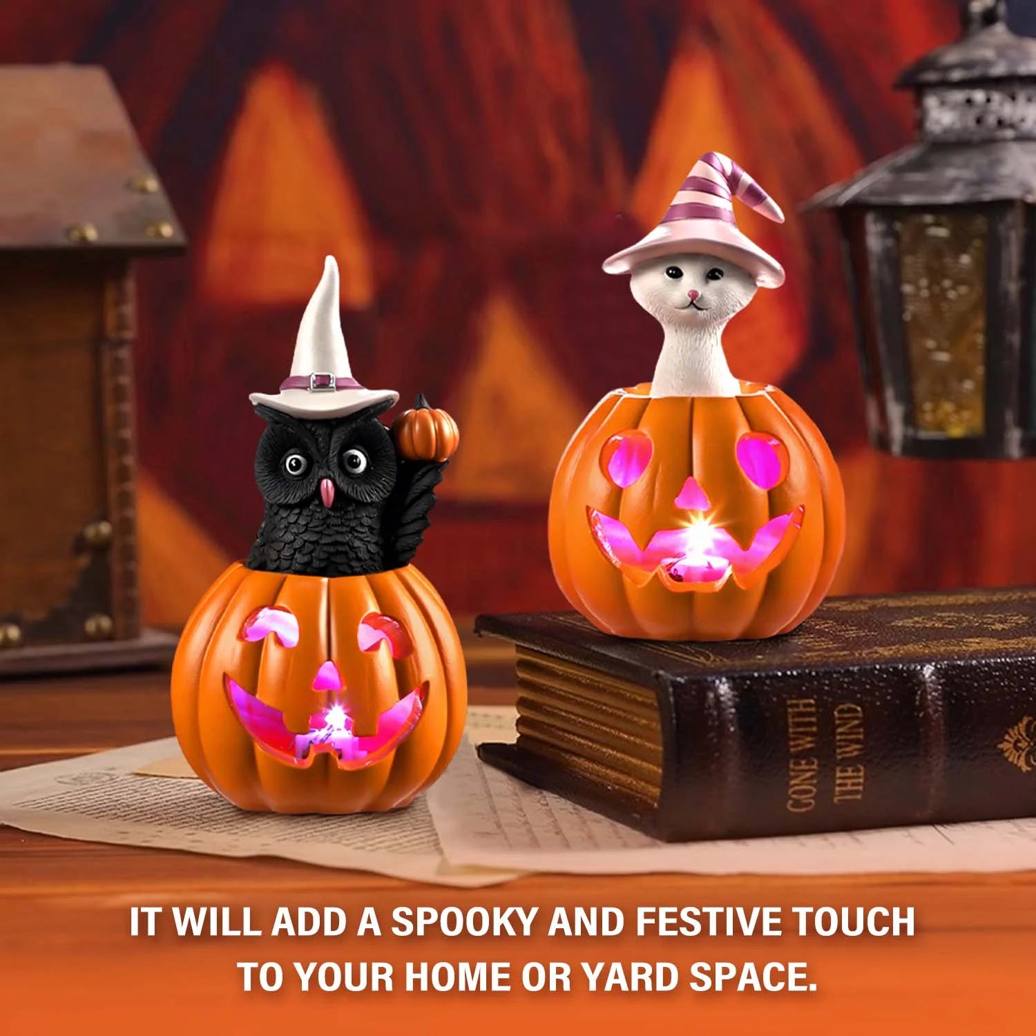 Halloween Decorative Figurines Set of 2: LED-Illuminated Cat and Owl on Pumpkin for Indoor Decor