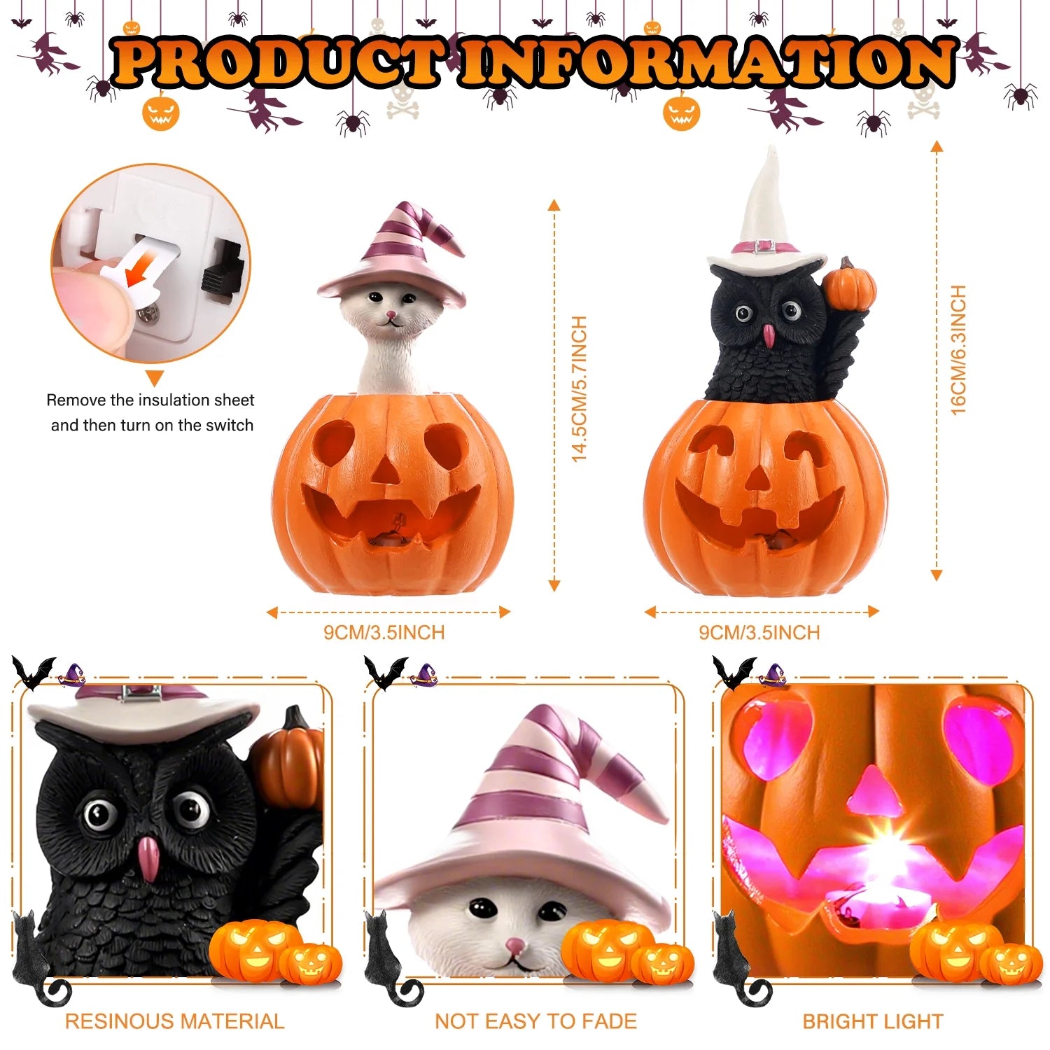 Halloween Decorative Figurines Set of 2: LED-Illuminated Cat and Owl on Pumpkin for Indoor Decor