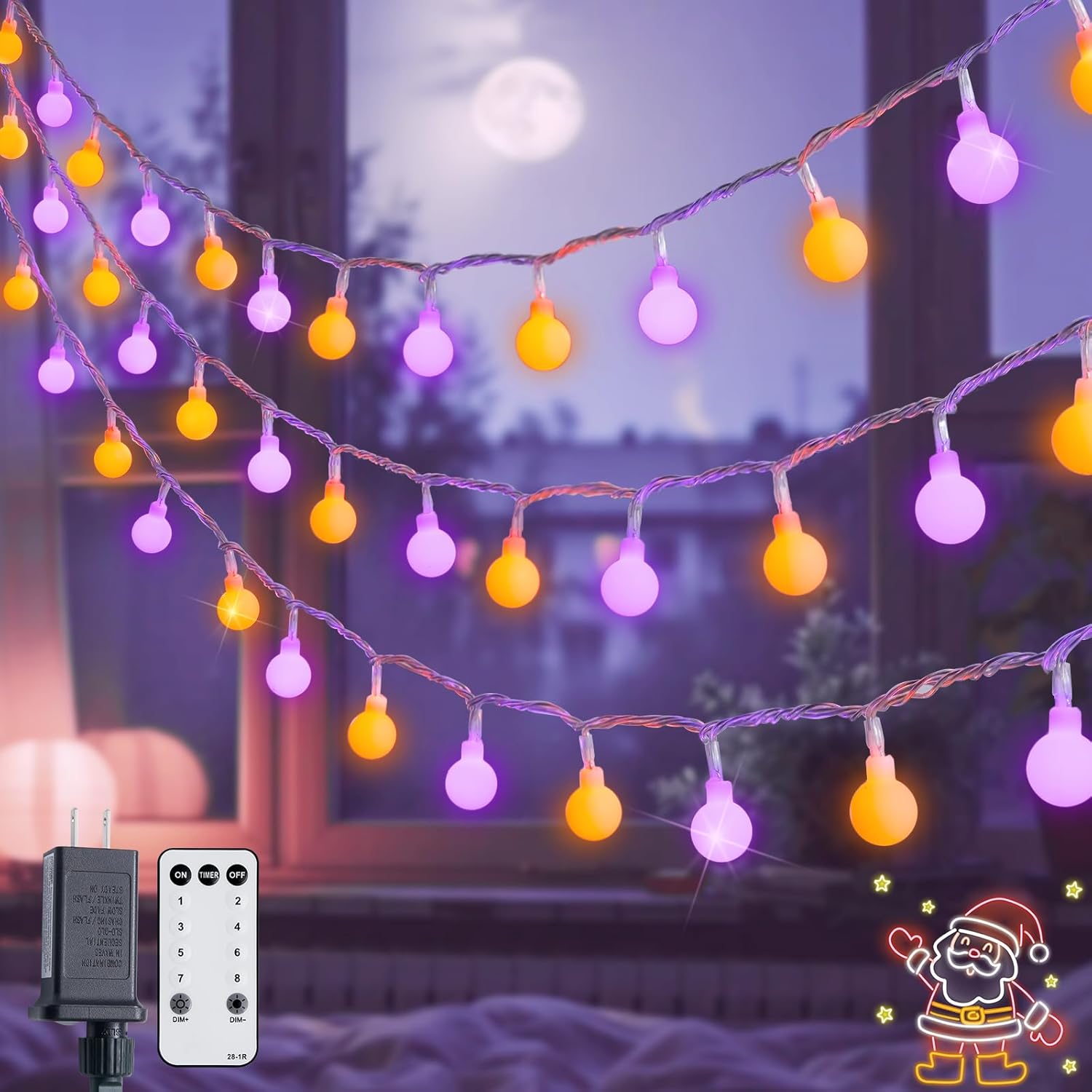 Halloween LED String Lights – Orange & Purple 100 LED Plug-In with 8 Modes for Spooky Party & Home Decor