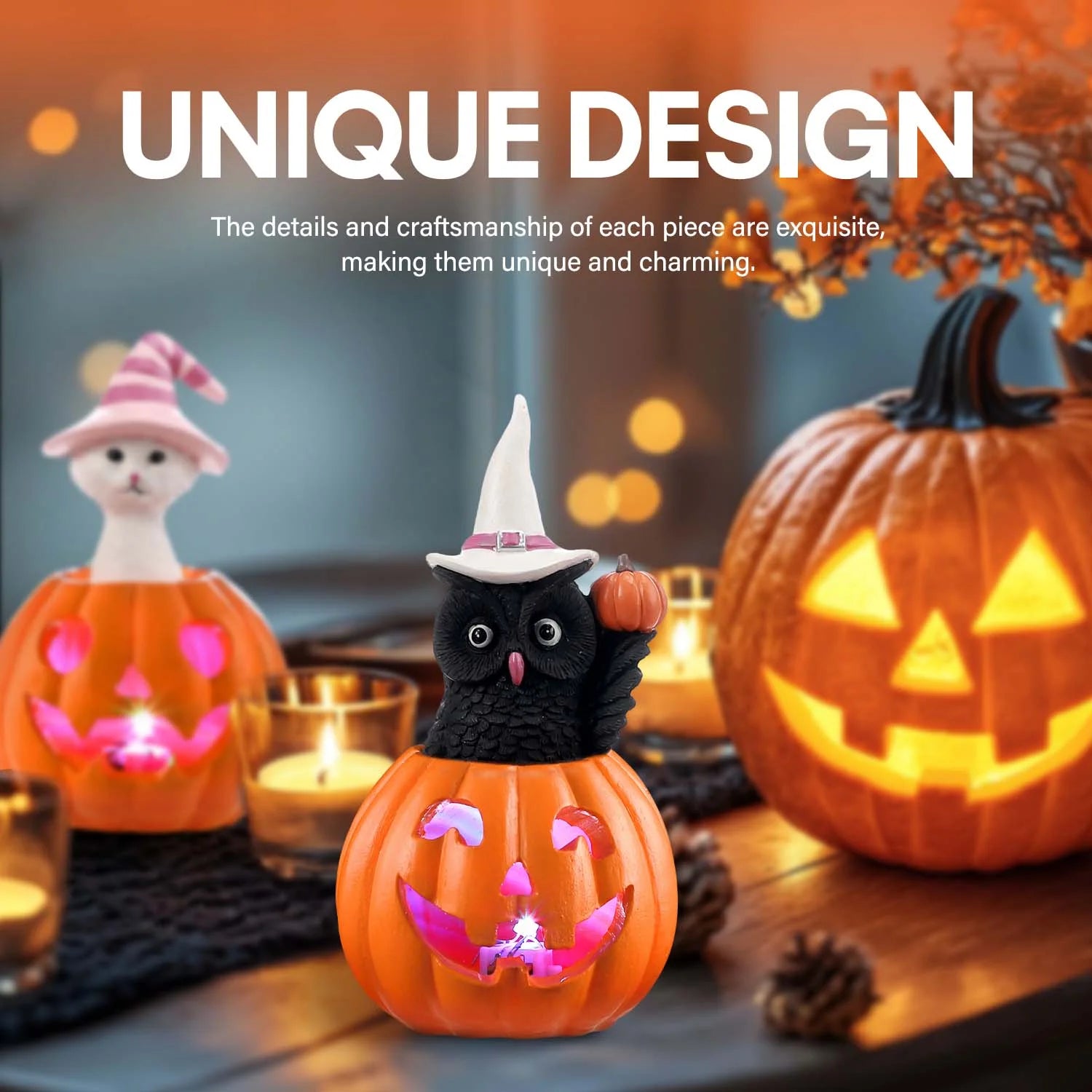 Halloween Decorative Figurines Set of 2: LED-Illuminated Cat and Owl on Pumpkin for Indoor Decor