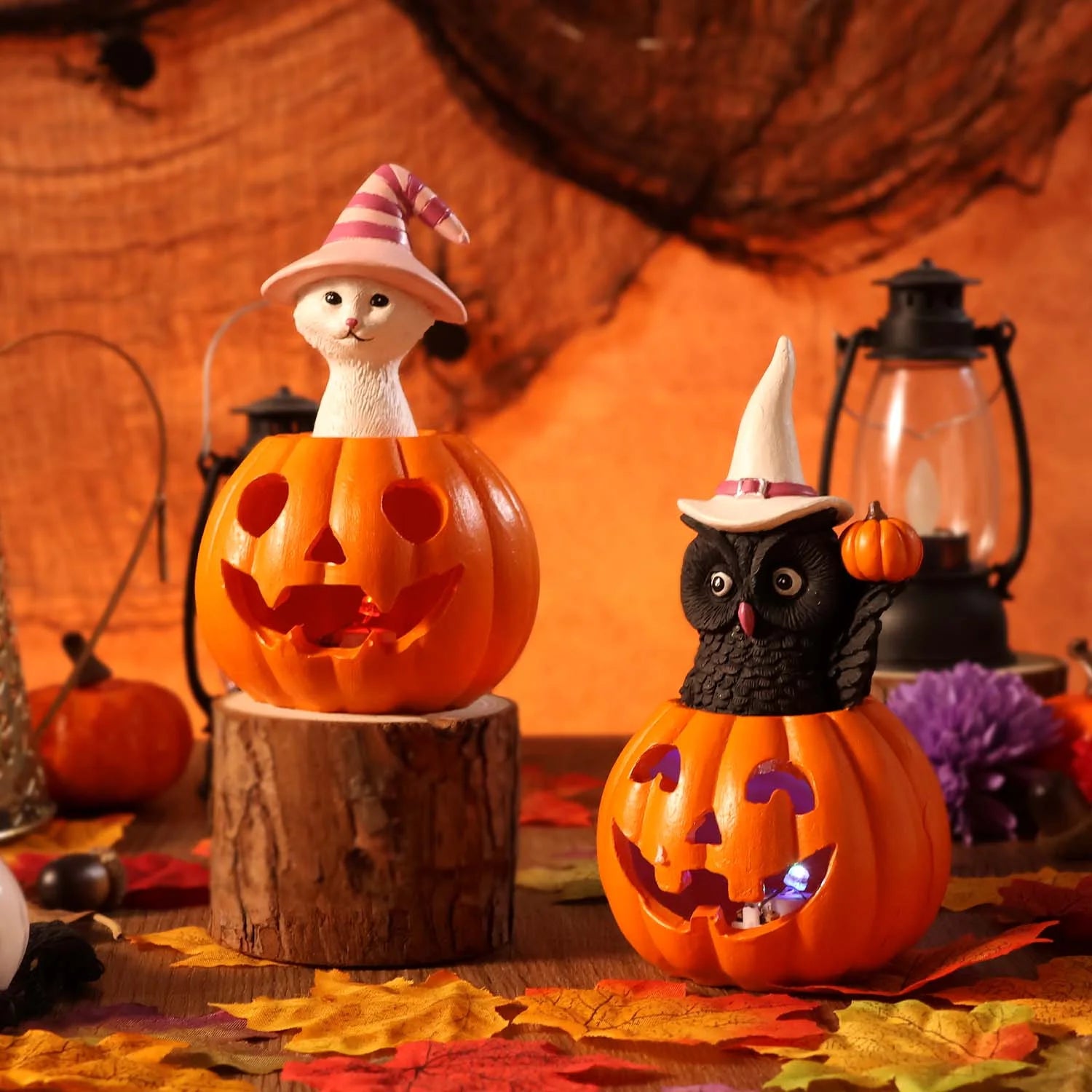 Halloween Decorative Figurines Set of 2: LED-Illuminated Cat and Owl on Pumpkin for Indoor Decor