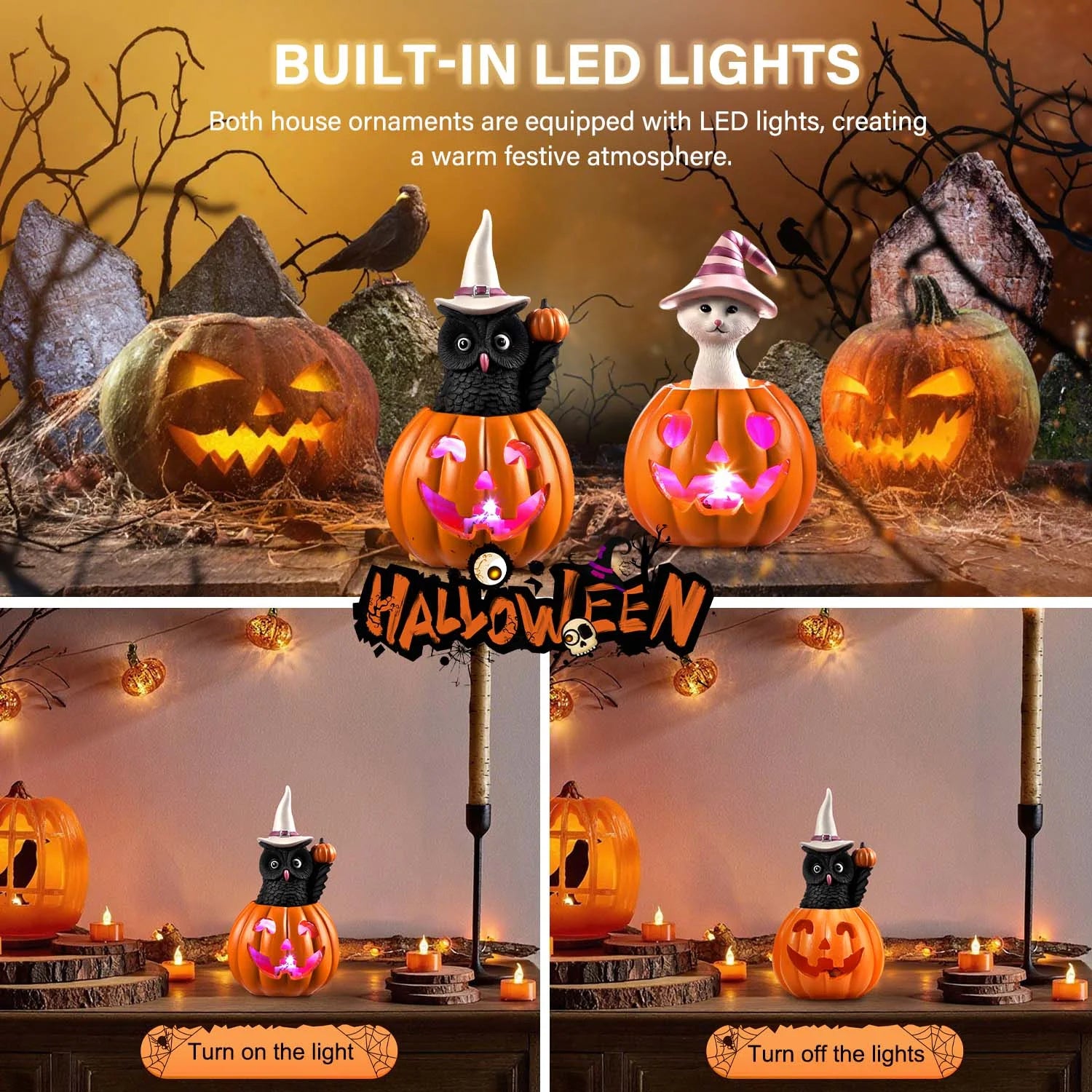 Halloween Decorative Figurines Set of 2: LED-Illuminated Cat and Owl on Pumpkin for Indoor Decor