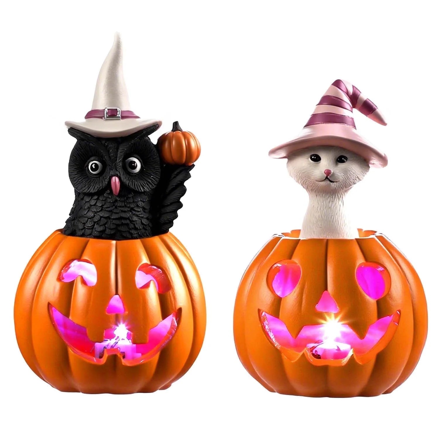 Halloween Decorative Figurines Set of 2: LED-Illuminated Cat and Owl on Pumpkin for Indoor Decor